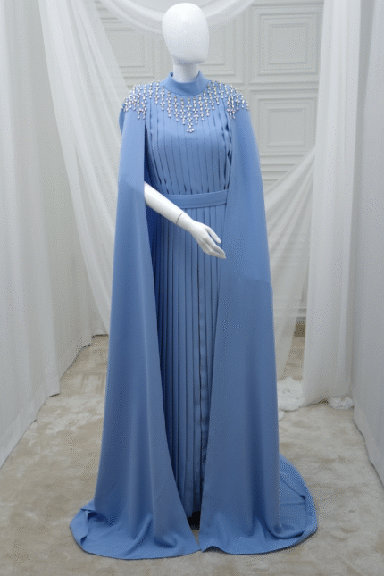 Crepe dress with an attached abaya, hand-embellished with stones.