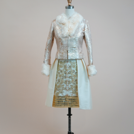 Two-piece set with a jacket made of Italian jacquard fabric and fur
