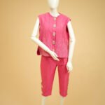 Two-piece set with pants and a blouse made of silk taffeta